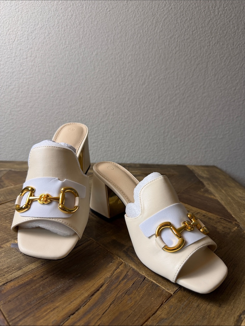 Size 6.5 Women’s Cream Slide Heels with Gold Chain Accent